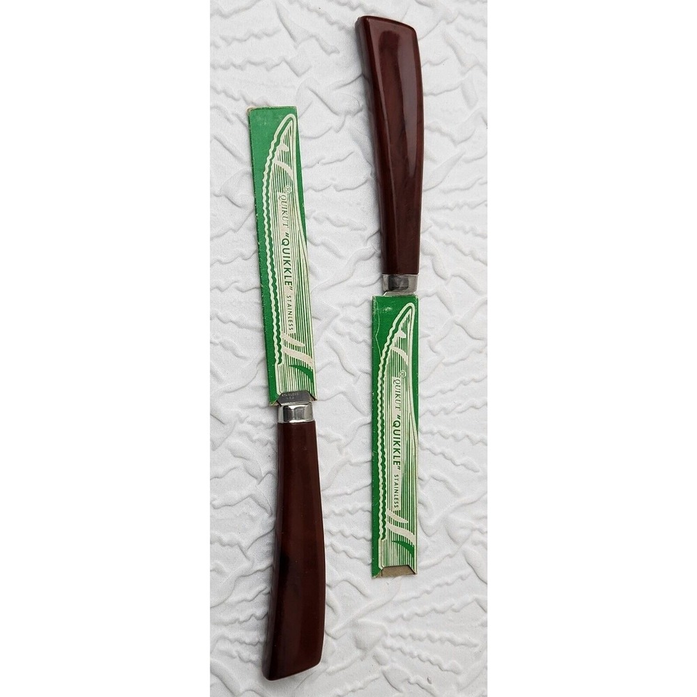 Quikut QUIKKLE Set Of 2 Stainless Steel Steak Knifes Brown Handle‎ Vintage